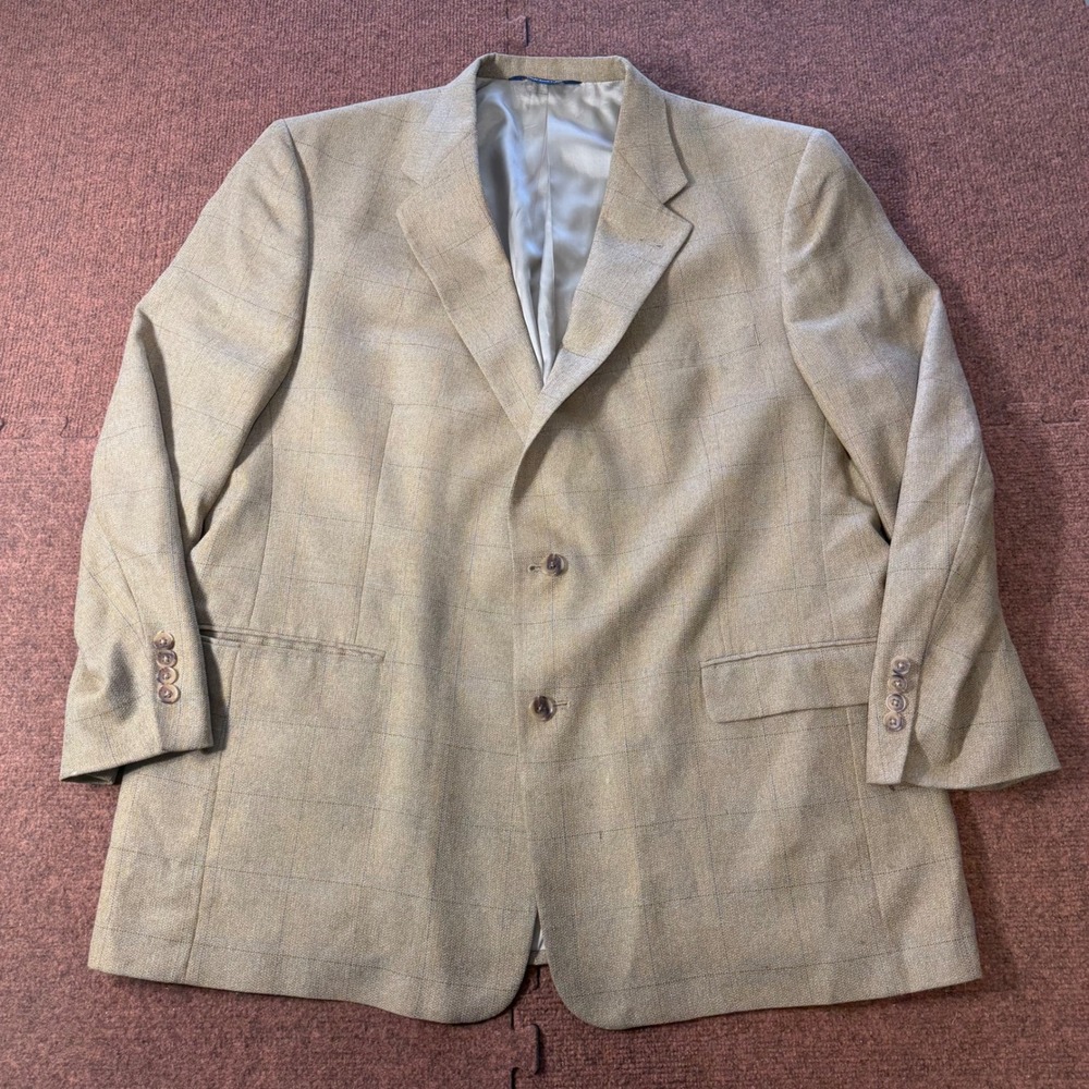 Burberrys Mens Vintage Tan Windowpane Plaid Blazer Sport Coat Two Button Jacket